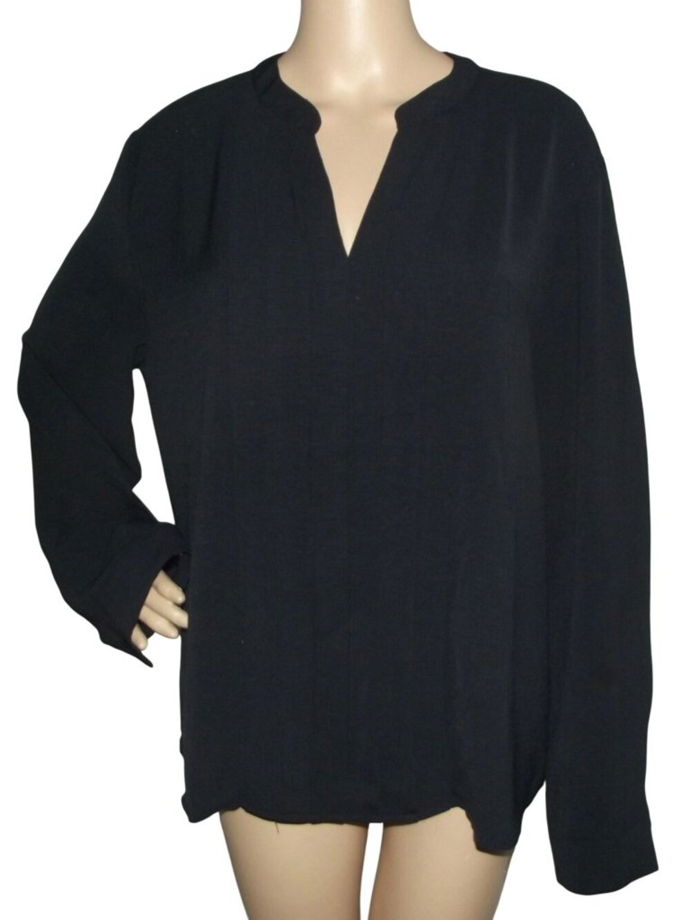 Black Tunic Top Womens XL v-neck pleated front long blouse long sleeve